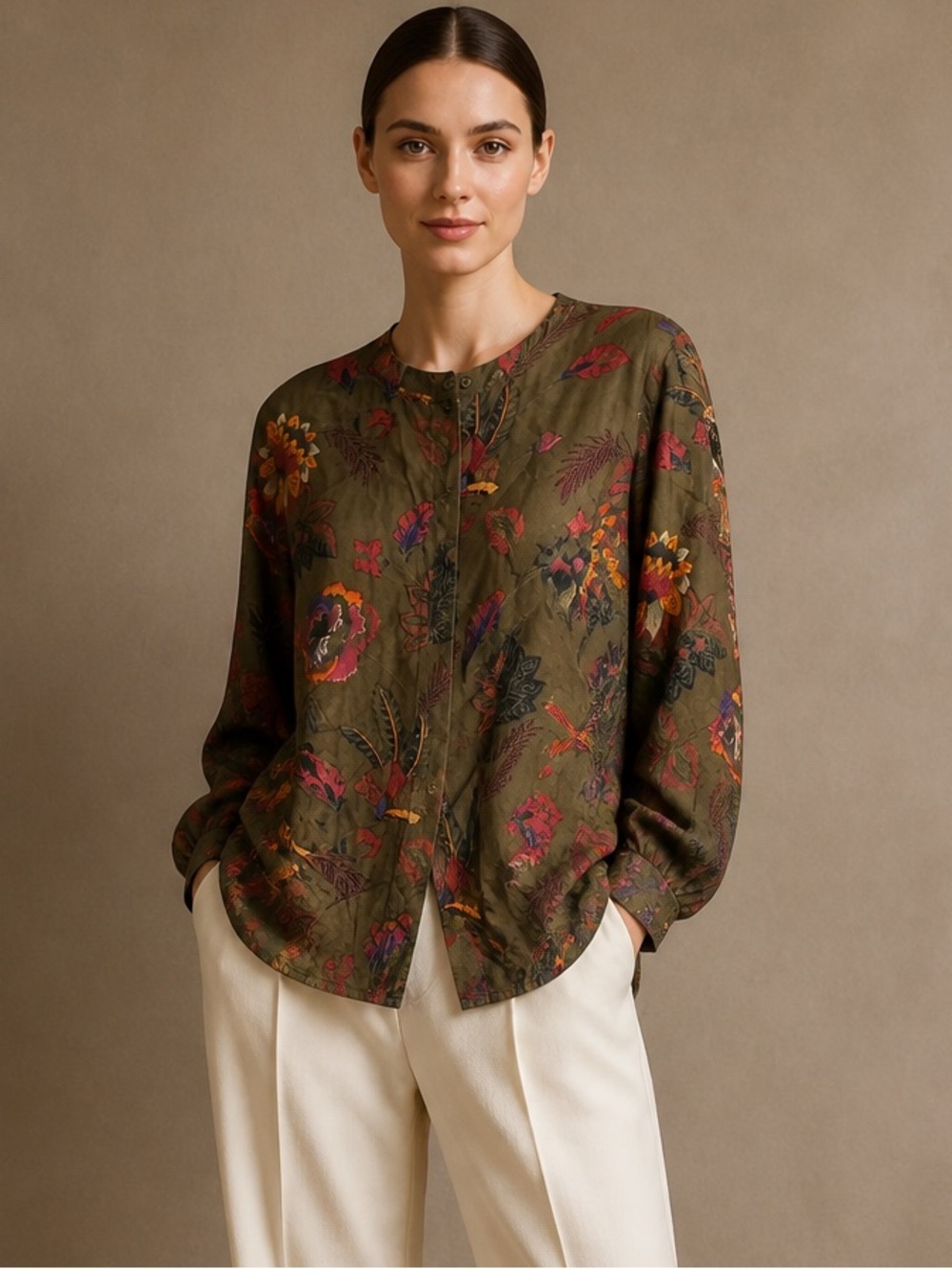💯 silk Olive Floral Button-Front Women's Top
